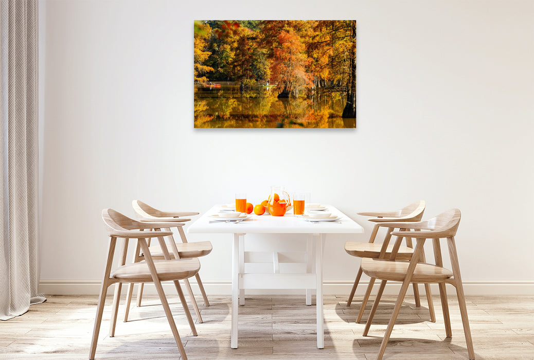 Premium Textil-Leinwand Kanufahrer und Sumpfzypressen im Trap Pond State Park – Delaware