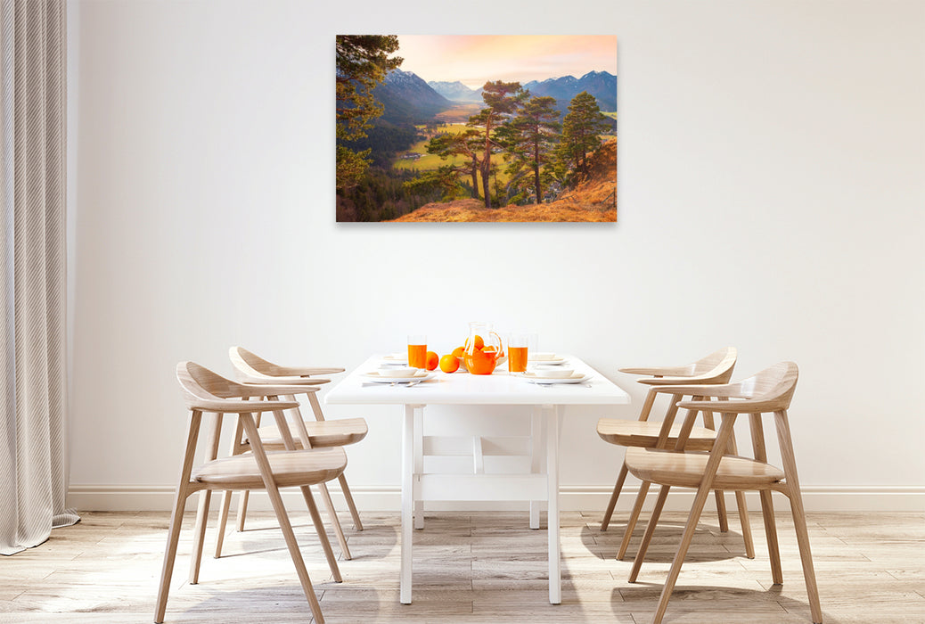 Premium Textil-Leinwand Blick ins Loisachtal vom Heldenkreuz Eschenlohe