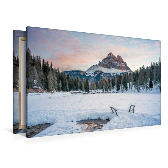 Premium Textil-Leinwand Lago Antorno und Drei Zinnen bei Sonnenaufgang