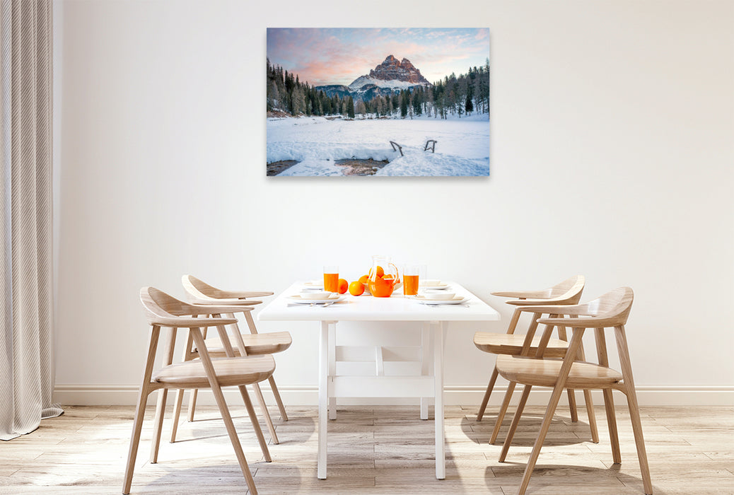 Premium Textil-Leinwand Lago Antorno und Drei Zinnen bei Sonnenaufgang