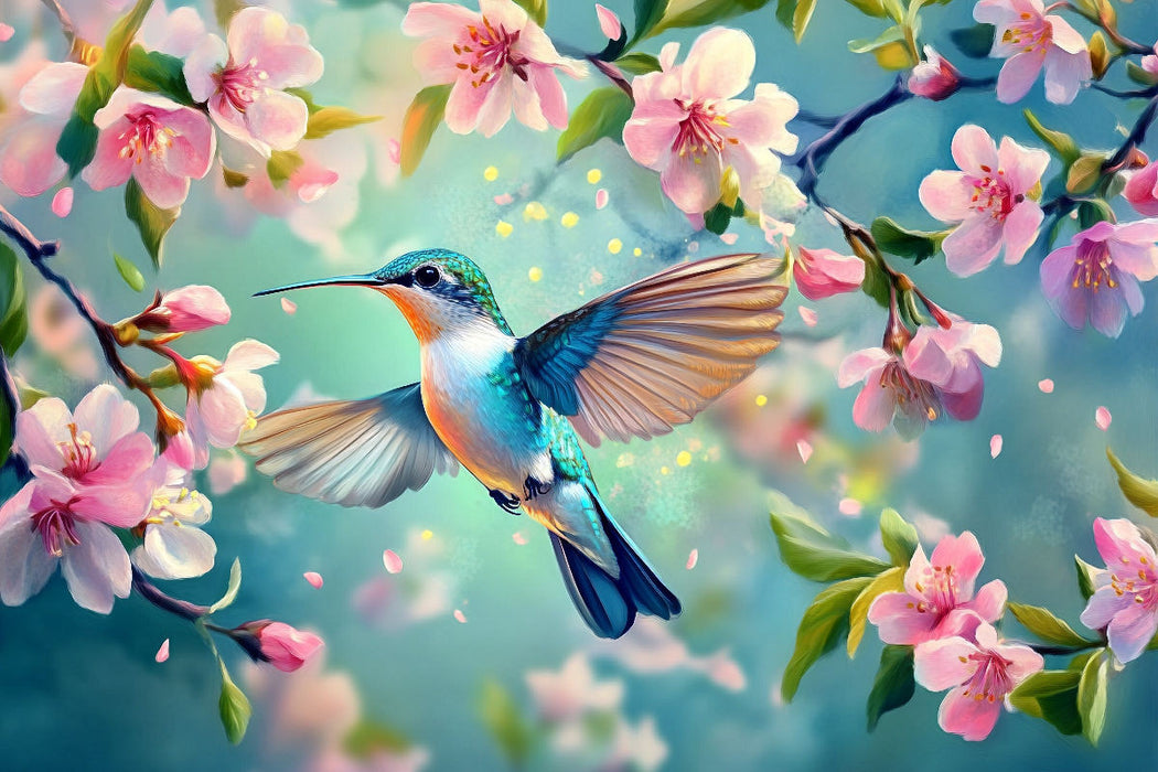 Premium Textil-Leinwand Farben der Freiheit - Kolibri im Frühling