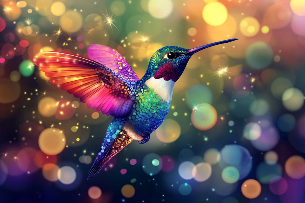 Premium Textil-Leinwand Die Kunst des Moments - bunter Kolibri im Flug