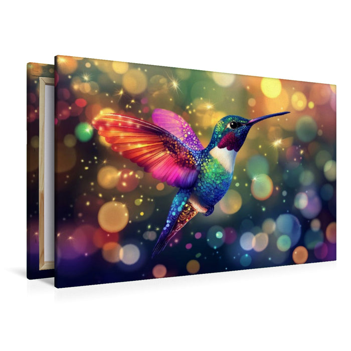 Premium Textil-Leinwand Die Kunst des Moments - bunter Kolibri im Flug