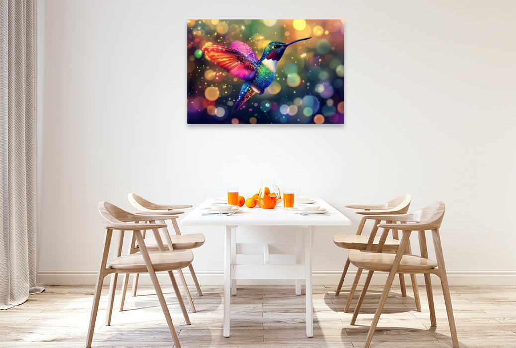 Premium Textil-Leinwand Die Kunst des Moments - bunter Kolibri im Flug