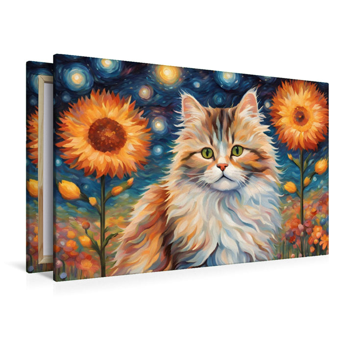 Premium Textil-Leinwand Katze gemalt nach van Gogh mit Blumen