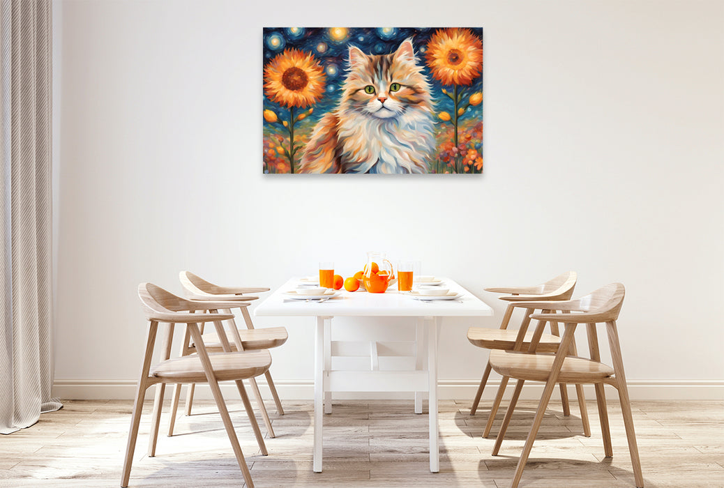 Premium Textil-Leinwand Katze gemalt nach van Gogh mit Blumen