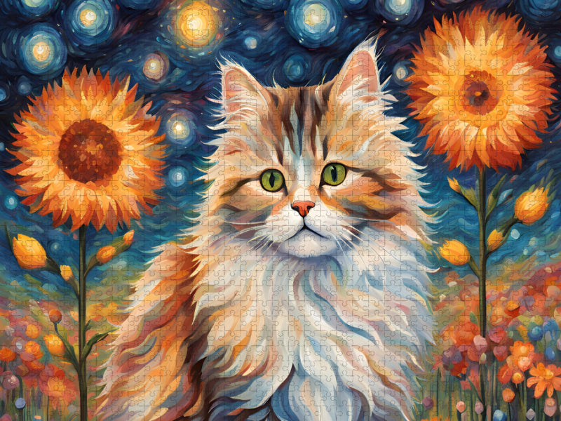 Katze gemalt nach van Gogh mit Blumen - CALVENDO Foto-Puzzle'