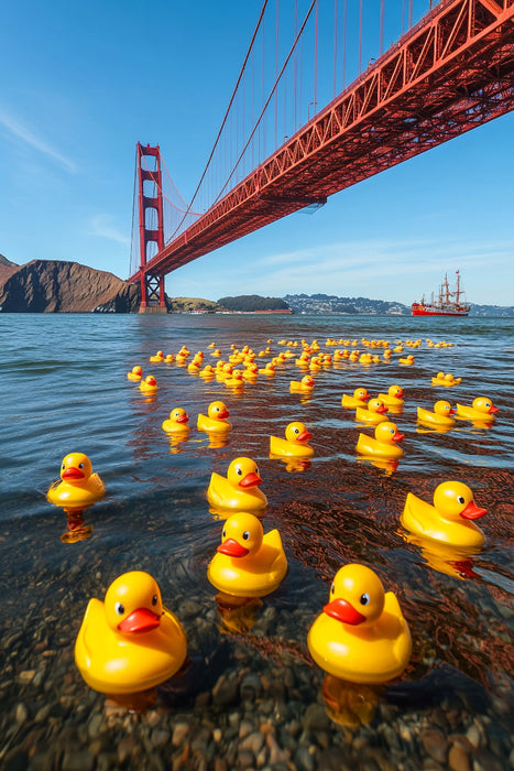 Premium Textil-Leinwand Sightseeing in USA - Gummienten an der Golden Gate Bridge