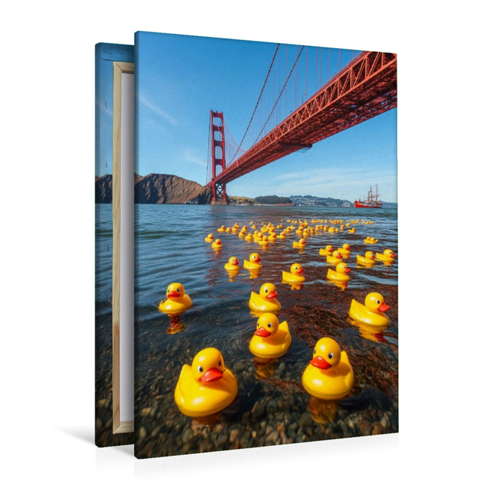 Premium Textil-Leinwand Sightseeing in USA - Gummienten an der Golden Gate Bridge