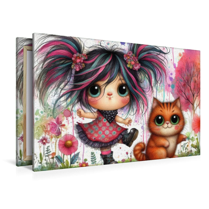 Premium Textil-Leinwand Ein freches Mädchen mit roten Haarsträhnen und eine rote Katze tanzen zusammen