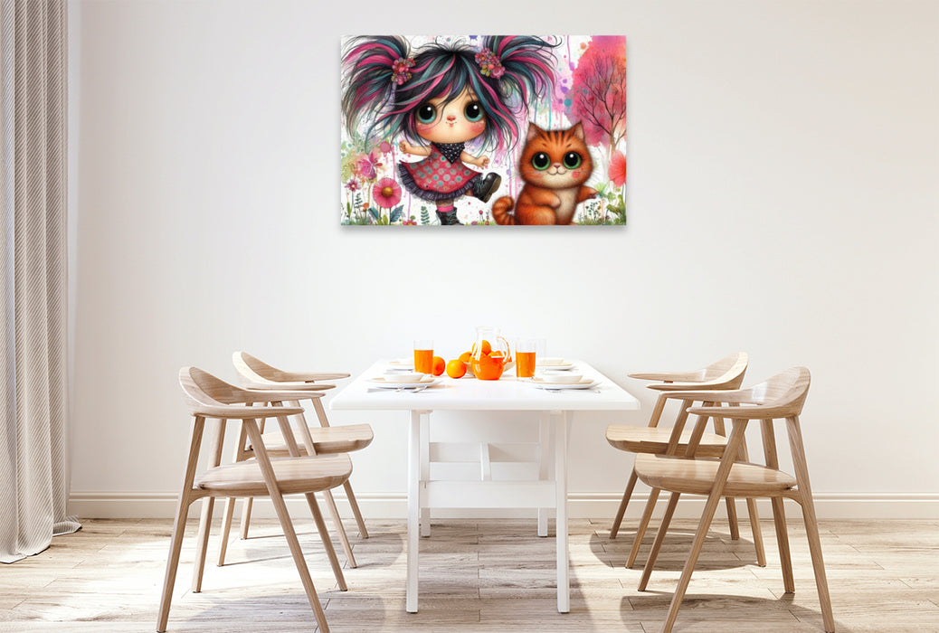 Premium Textil-Leinwand Ein freches Mädchen mit roten Haarsträhnen und eine rote Katze tanzen zusammen