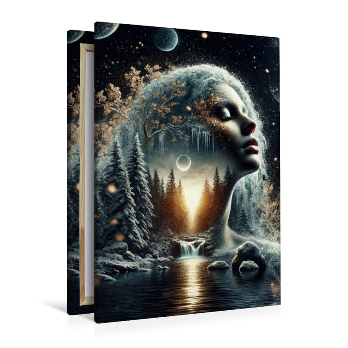 Premium Textil-Leinwand Doppelbelichtung Silhouette einer Frau Frau im nächtlichen Vollmond Himmel