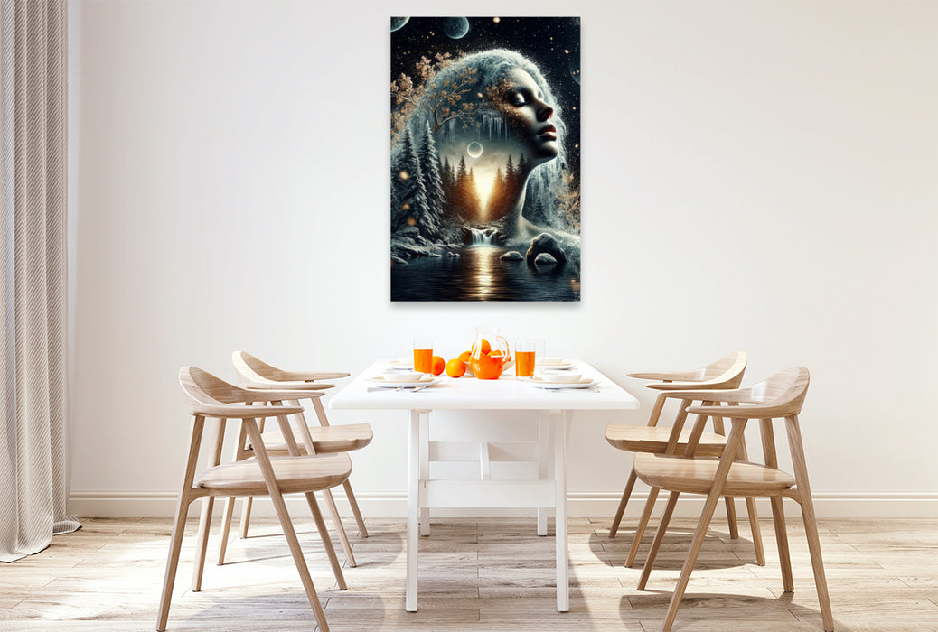 Premium Textil-Leinwand Doppelbelichtung Silhouette einer Frau Frau im nächtlichen Vollmond Himmel