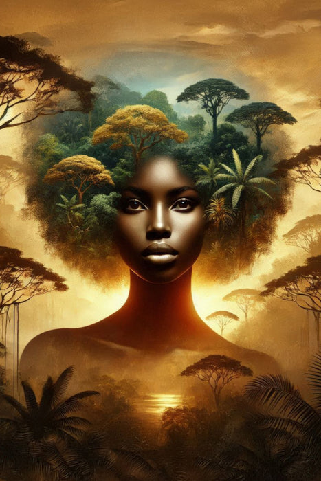 Premium Textil-Leinwand Doppelbelichtung einer afrikanischen Frau in der Savanne