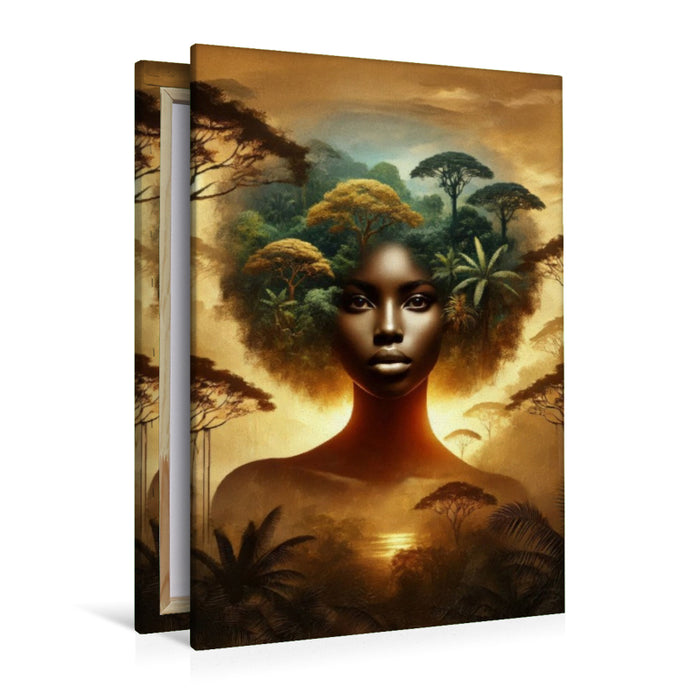 Premium Textil-Leinwand Doppelbelichtung einer afrikanischen Frau in der Savanne