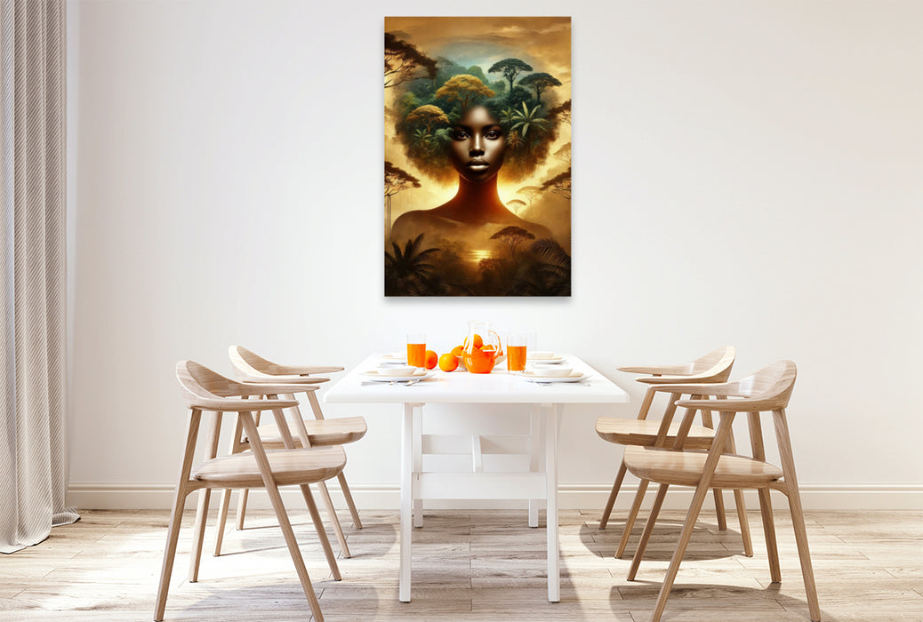 Premium Textil-Leinwand Doppelbelichtung einer afrikanischen Frau in der Savanne