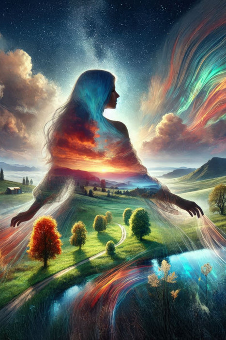 Premium Textil-Leinwand Doppelbelichtung Frau über einer Landschaft in zarten Farben mit Wolkenstimmung