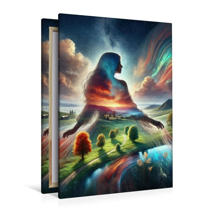 Premium Textil-Leinwand Doppelbelichtung Frau über einer Landschaft in zarten Farben mit Wolkenstimmung