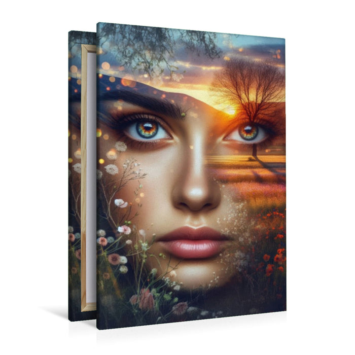 Premium Textil-Leinwand Doppelbelichtung Portrait mit Blüten, Baum und Lichtstimmung im Frühlingserwachen