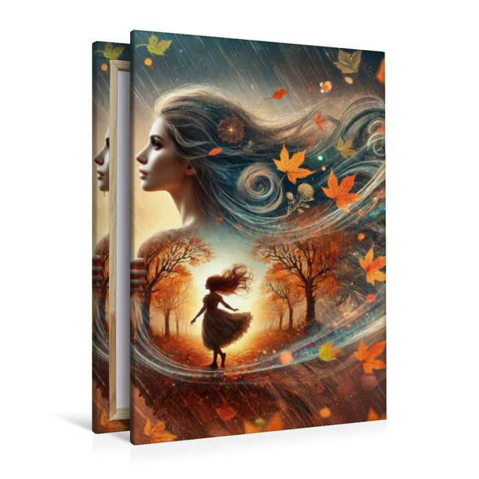 Premium Textil-Leinwand Doppelbelichtung Silhouette einer FRau und ihrem inneren Kind im Herbstwind