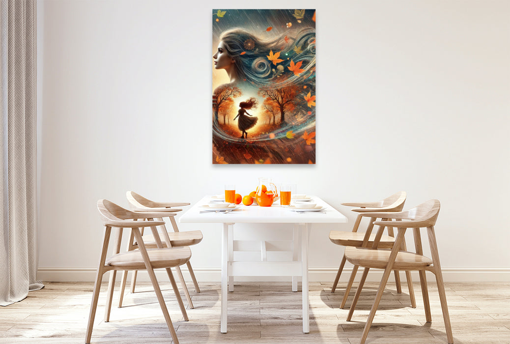 Premium Textil-Leinwand Doppelbelichtung Silhouette einer FRau und ihrem inneren Kind im Herbstwind