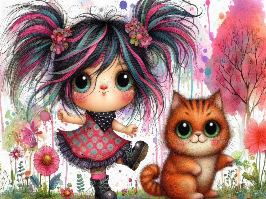 Ein freches Mädchen mit roten Haarsträhnen und eine rote Katze tanzen zusammen - CALVENDO Foto-Puzzle'