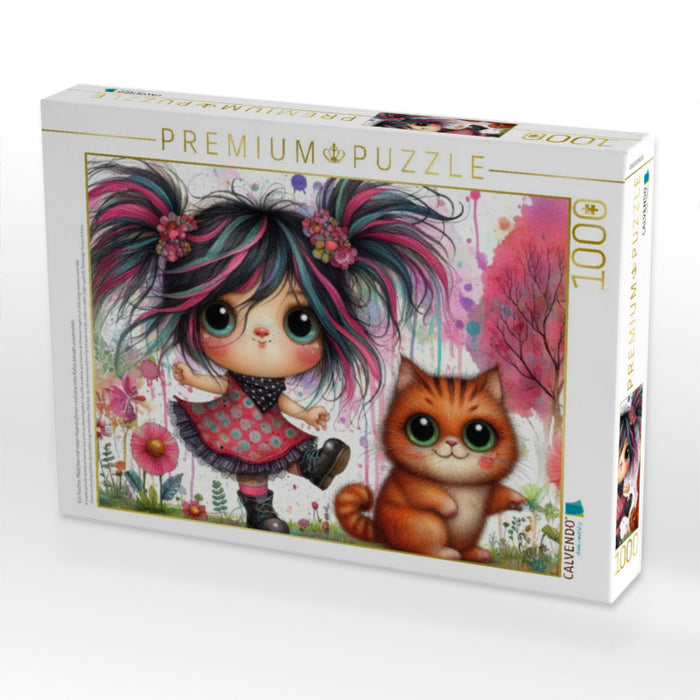 Ein freches Mädchen mit roten Haarsträhnen und eine rote Katze tanzen zusammen - CALVENDO Foto-Puzzle'
