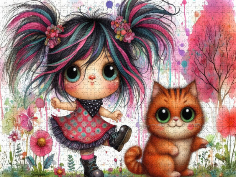 Ein freches Mädchen mit roten Haarsträhnen und eine rote Katze tanzen zusammen - CALVENDO Foto-Puzzle'