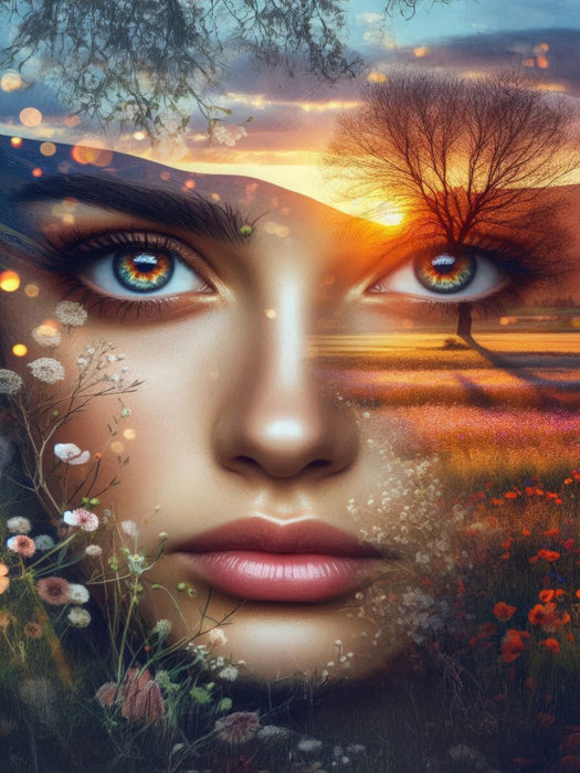 Doppelbelichtung Portrait mit Blüten, Baum und Lichtstimmung im Frühlingserwachen - CALVENDO Foto-Puzzle'