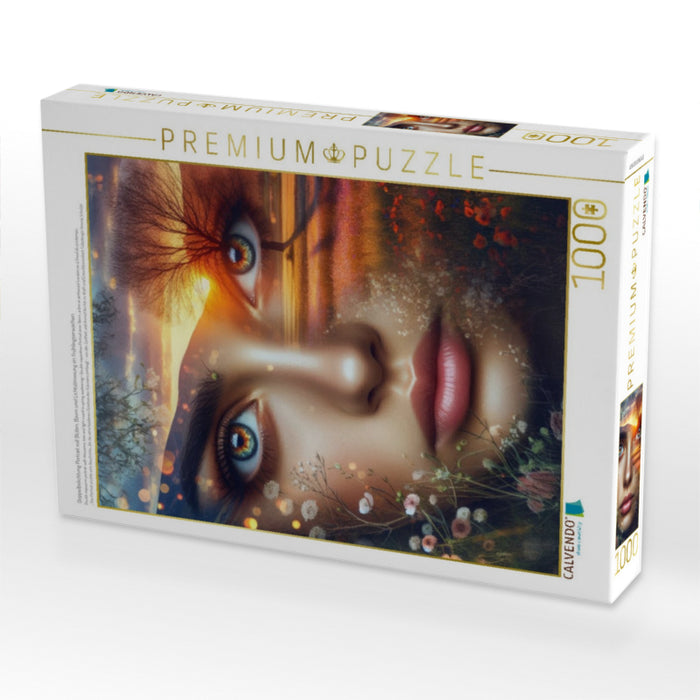 Doppelbelichtung Portrait mit Blüten, Baum und Lichtstimmung im Frühlingserwachen - CALVENDO Foto-Puzzle'