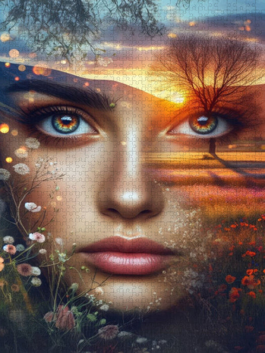 Doppelbelichtung Portrait mit Blüten, Baum und Lichtstimmung im Frühlingserwachen - CALVENDO Foto-Puzzle'