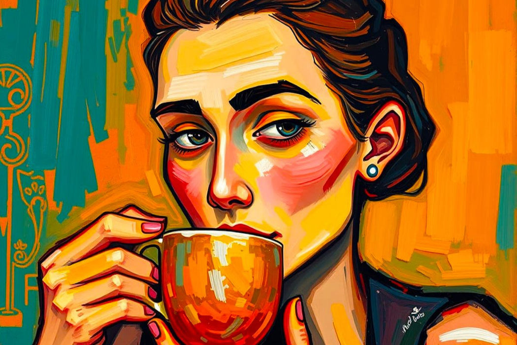 Premium Textil-Leinwand Nachdenklich mit einer Tasse Kaffee