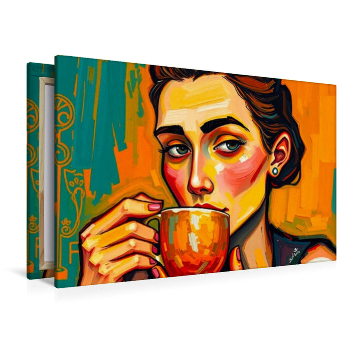 Premium Textil-Leinwand Nachdenklich mit einer Tasse Kaffee