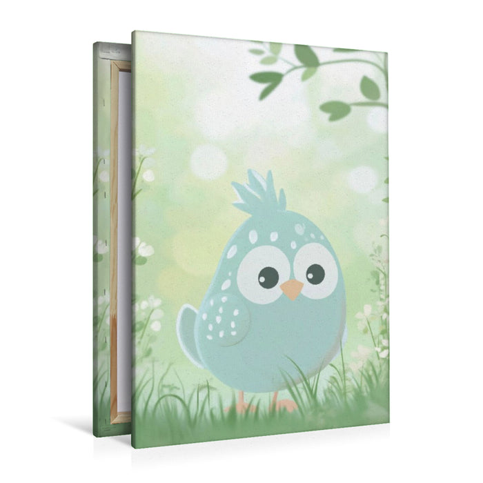 Premium Textil-Leinwand Im September hüpfen bunte Vögel fröhlich über die Wiese