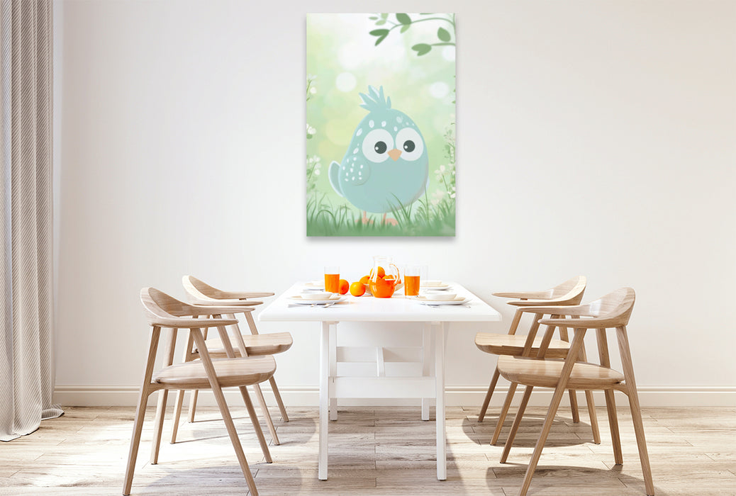 Premium Textil-Leinwand Im September hüpfen bunte Vögel fröhlich über die Wiese