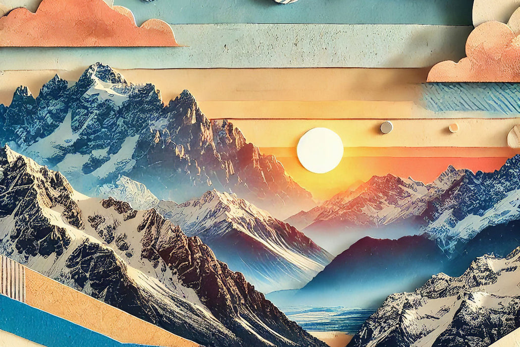 Premium Textil-Leinwand Neubeginn – Sonnenaufgang über schneebedeckten Gipfeln als KI-generierte Collage auf HD-Leinwand