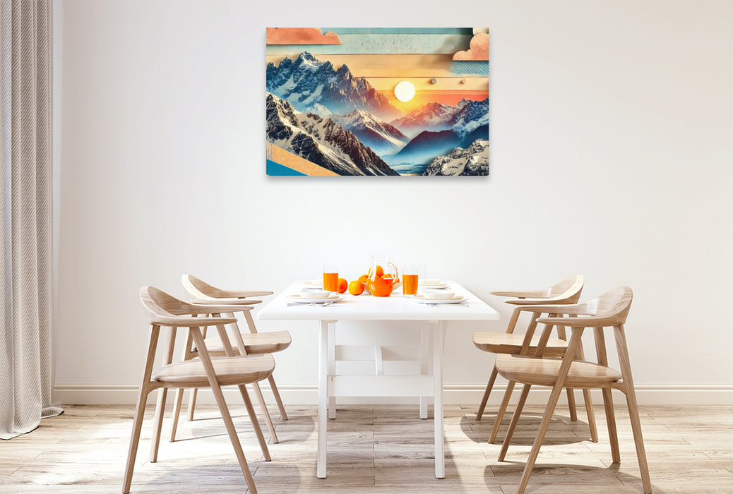 Premium Textil-Leinwand Neubeginn – Sonnenaufgang über schneebedeckten Gipfeln als KI-generierte Collage auf HD-Leinwand