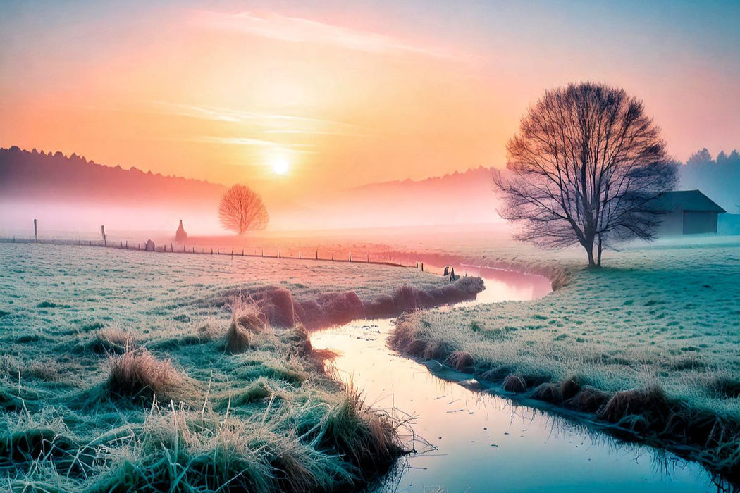 Premium Textil-Leinwand Einzelne Bäume am Bachrand