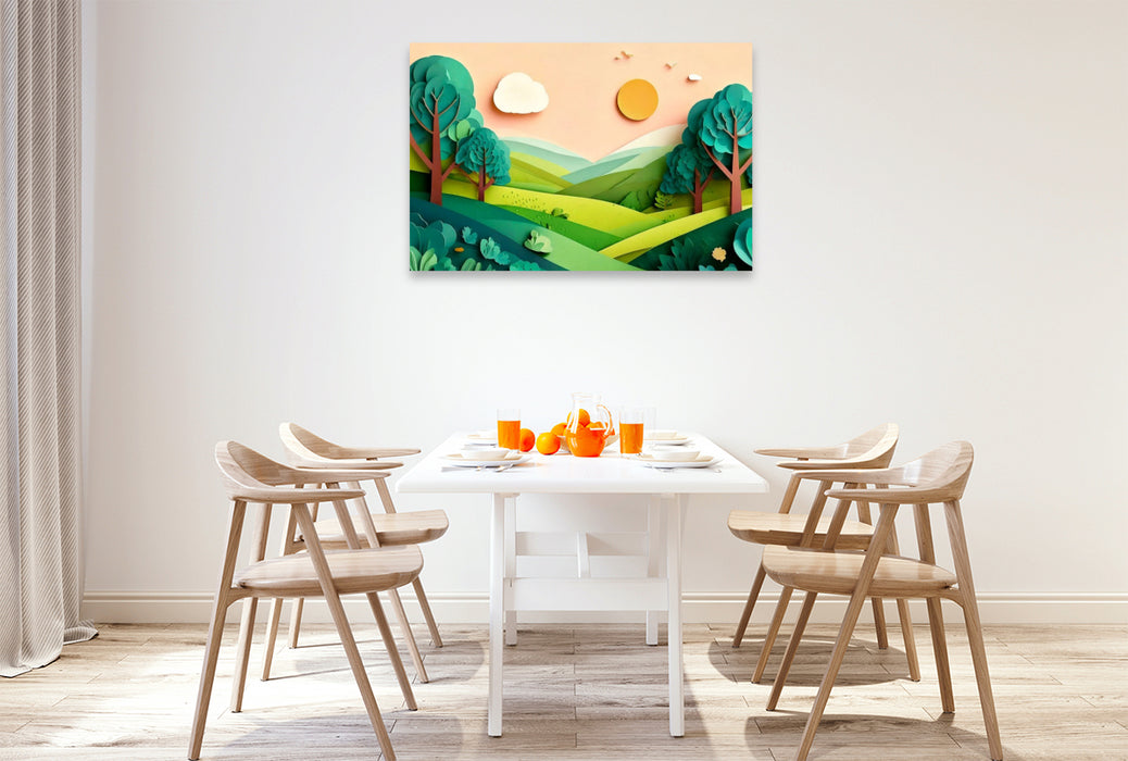 Premium Textil-Leinwand Juni: Wärme und Licht erfüllt das ganze Land, Schatten bieten vor allem die voll belaubten Bäume.