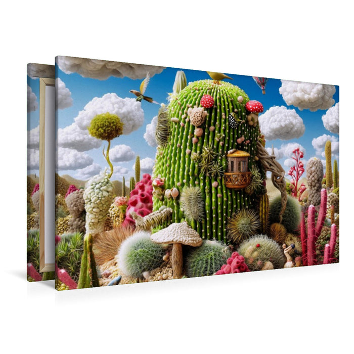 Premium Textil-Leinwand Kaktushaube mit Vogelbesuch