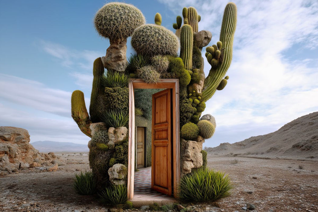 Premium Textil-Leinwand Tür auf ins Abenteuer im Wüstengarten