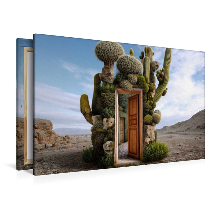 Premium Textil-Leinwand Tür auf ins Abenteuer im Wüstengarten