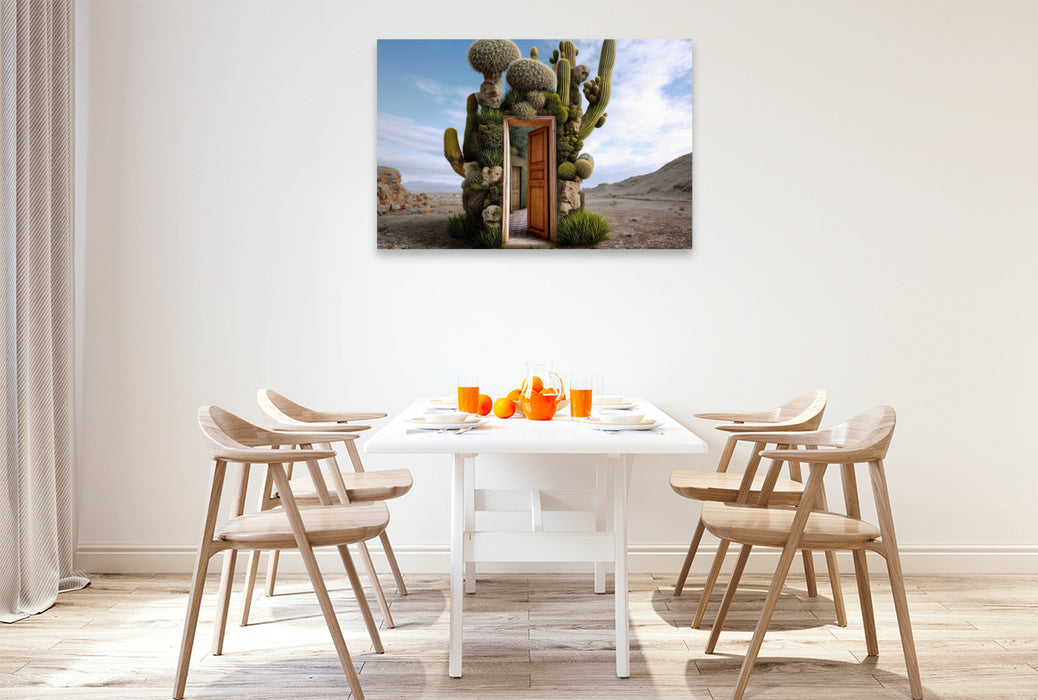 Premium Textil-Leinwand Tür auf ins Abenteuer im Wüstengarten