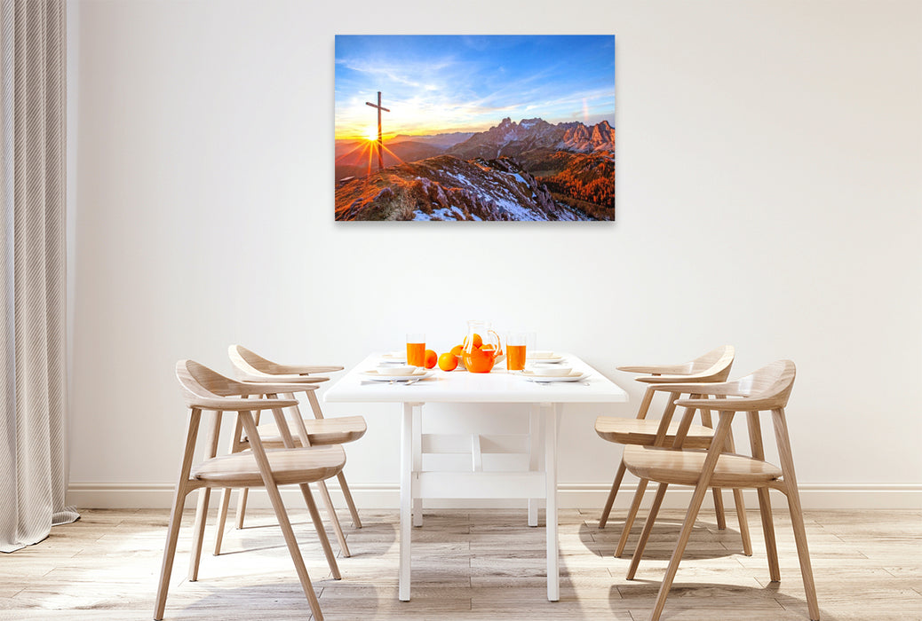 Premium Textil-Leinwand Gipfelkreuz im Sonnenlicht