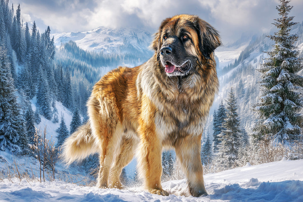 Premium Textil-Leinwand Leonberger im Schnee