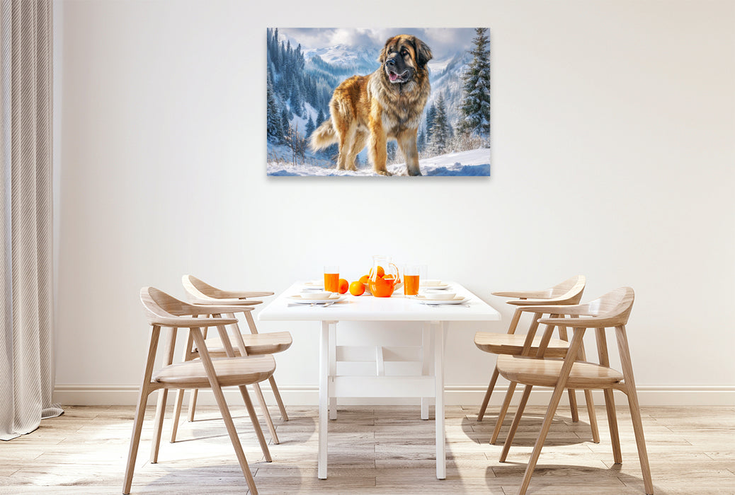 Premium Textil-Leinwand Leonberger im Schnee