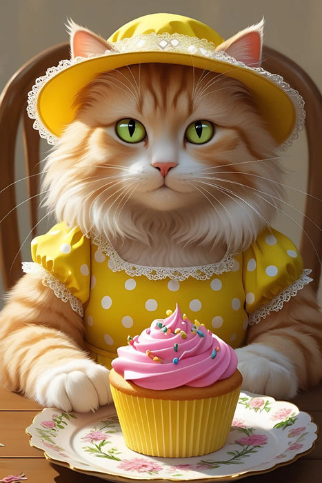 Premium Textil-Leinwand Süße Katze mit Cupcake im Vintage-Kleid – lustiges Katzenbild für die Küche