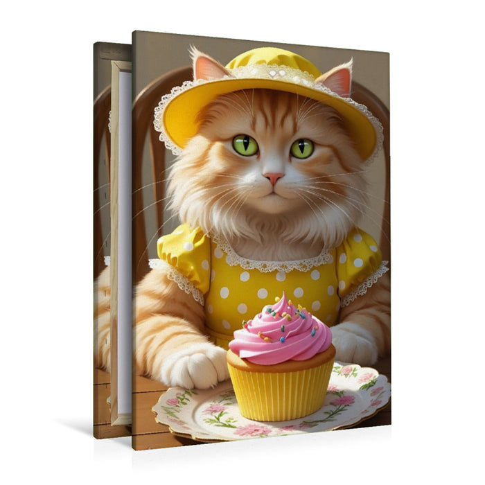 Premium Textil-Leinwand Süße Katze mit Cupcake im Vintage-Kleid – lustiges Katzenbild für die Küche