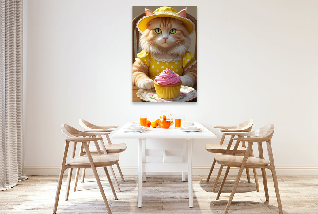 Premium Textil-Leinwand Süße Katze mit Cupcake im Vintage-Kleid – lustiges Katzenbild für die Küche