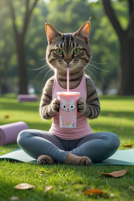 Premium Textil-Leinwand Yoga-Katze mit Smoothie – witziges Katzenbild für Sportfans